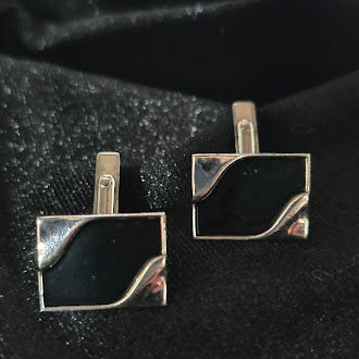 Vintage Swank Silver Tone Square Cufflinks with Black Inlay, Geometric Mid-Century Modern Mens Formal Jewelry