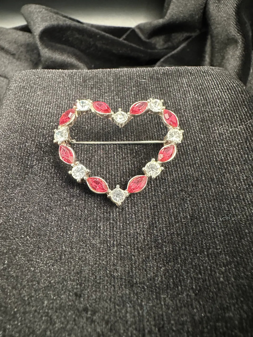 Vintage Silver Tone Pink Crystal Heart Brooch with Rhinestone Accents