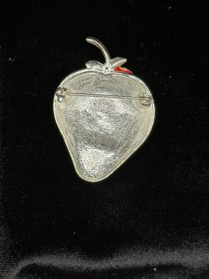 Vintage Red Enamel Strawberry Brooch Silver Tone Textured Fruit Pin Whimsical Statement Jewelry