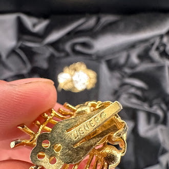 Lisner Gold Tone Rhinestone Floral Spray Brooch and Clip On Earrings Set Vintage Costume Jewelry