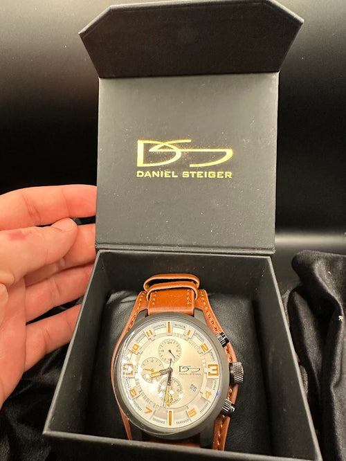 (SOLD) Daniel Steiger Chronograph Style Watch Gold-Tone Brown Leather Strap Men’s Watch with Original ox