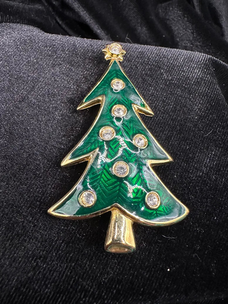 LIA Gold Tone Green Enamel Christmas Tree Brooch Crystal Holiday Vintage Festive Pin