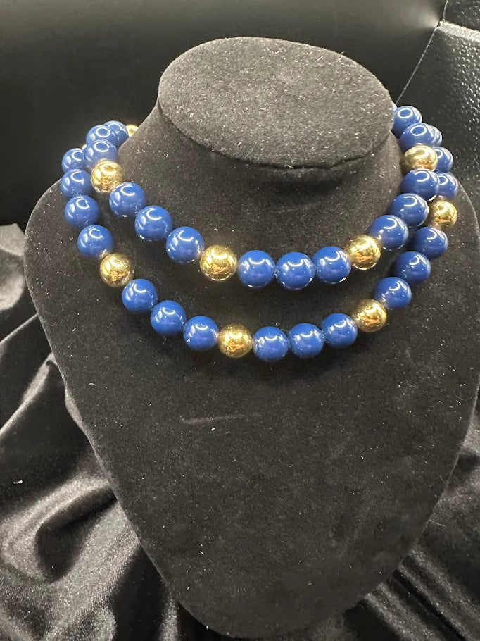Lapis Blue and Gold Tone Bead Double Strand Necklace