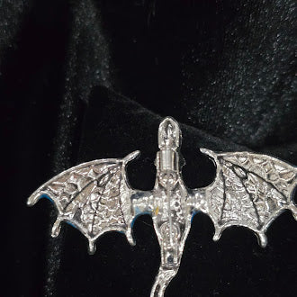 Silver Tone Blue Flying Dragon Brooch Enamel Wings Rhinestone Fantasy Creature Pin