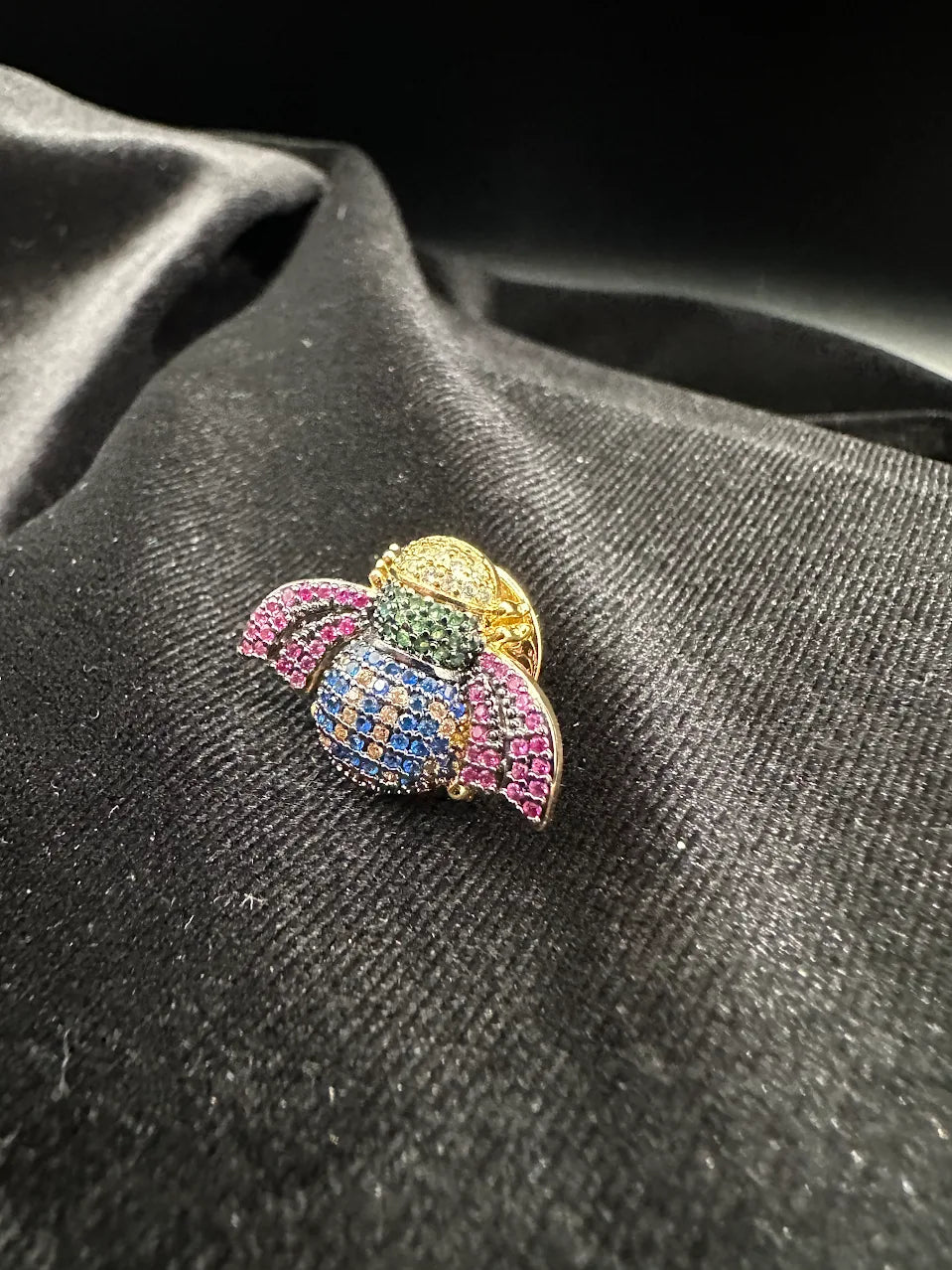 Gold Tone Multicolor Crystal Bee Brooch with Pink and Blue Rhinestones