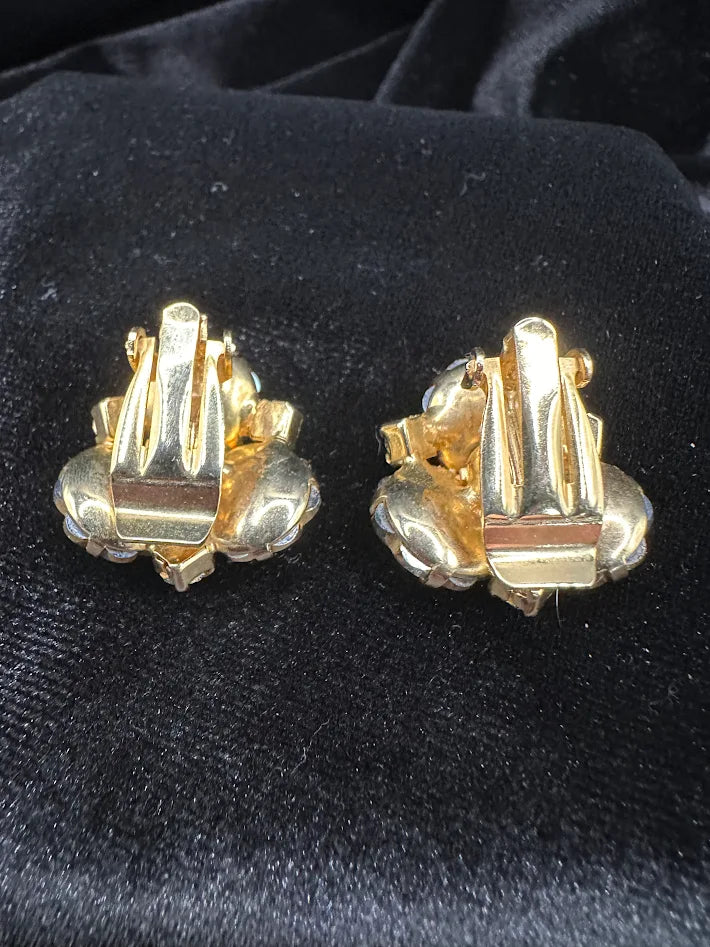 Gold Tone Blue Aurora Borealis Crystal Cluster Clip Earrings Floral Rhinestone Vintage Statement Jewelry