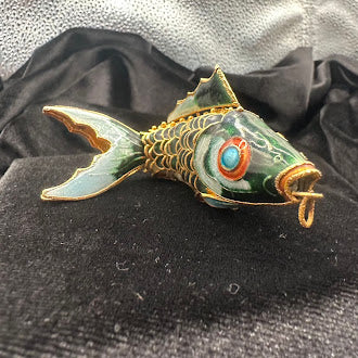 Green Enamel Cloisonne Articulated Fish Pendant Gold Tone Wirework Detail