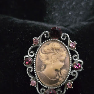 Vintage Victorian Revival Cameo Brooch with Pink & Purple Rhinestone Scroll Frame | Oval Portrait Pin