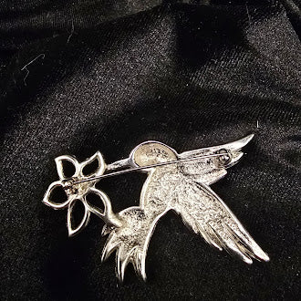 Vintage Silver Tone Hummingbird Brooch with Rhinestone Flower Accent