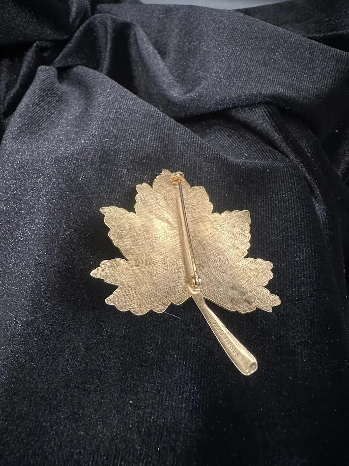 Sarah Coventry Gold Tone Leaf Brooch Faux Pearl Accent Vintage Textured Botanical Pin