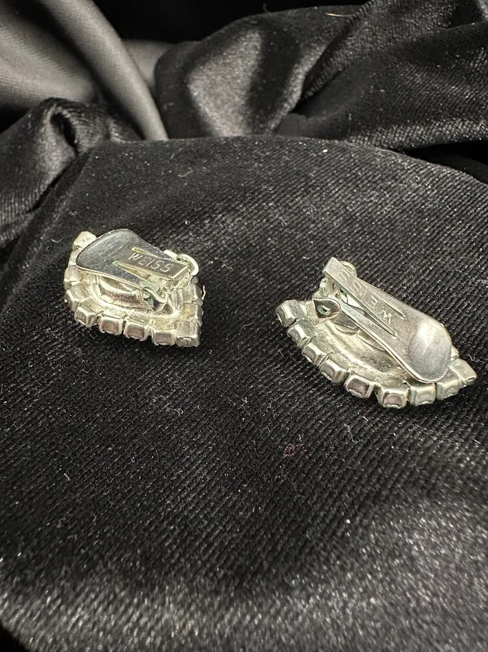 Vintage Weiss Silver Tone Rhinestone Clip Earrings Marquise Cluster Statement Crystal Designer