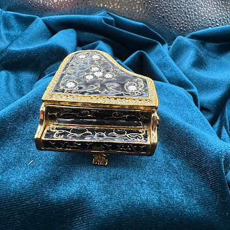 Black Enamel Grand Piano Trinket Box Gold Tone Floral Lid Rhinestone Trim