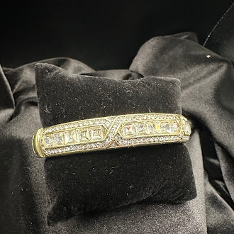 Heidi Daus Crystal Bangle Bracelet Gold Tone Hinged Cuff Clear Rhinestone Statement Designer