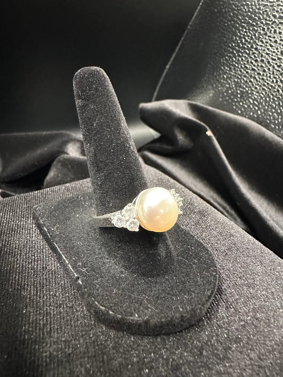 Silver Tone Pearl and Crystal Accent Ring