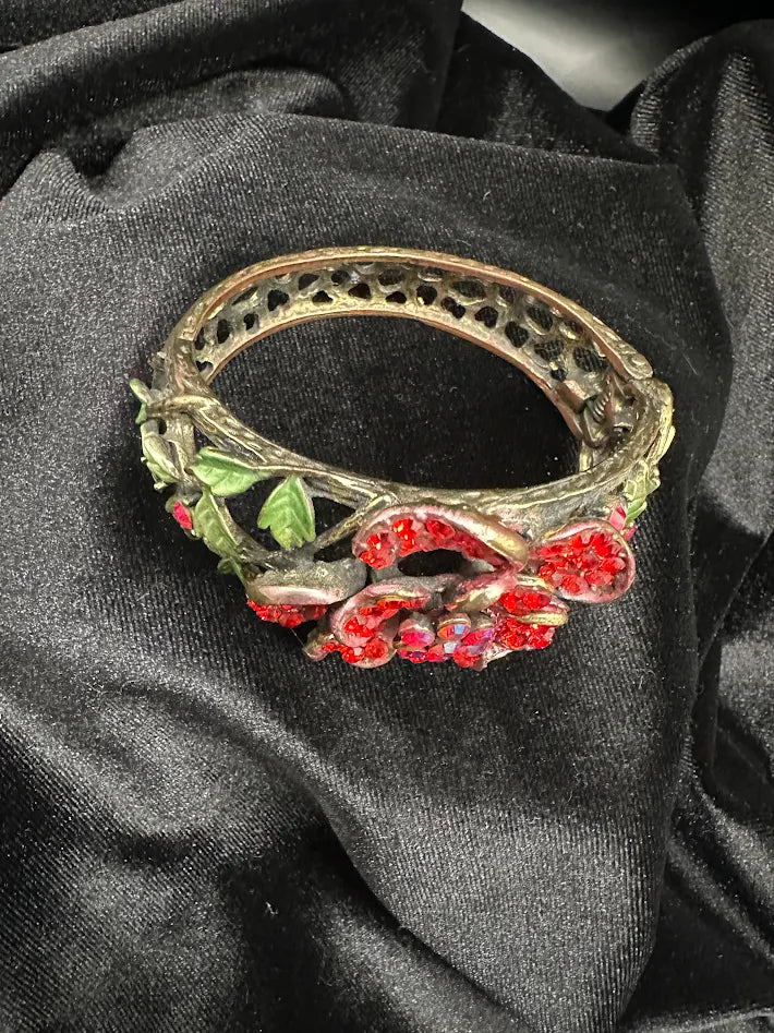 Red Crystal Flower Bracelet Hinged Cuff Rhinestone Floral Statement Bracelet Enamel Leaf Accent Bold Jewelry