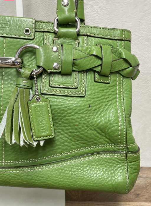 Coach Hampton Green Pebbled Leather Tote with Braided Trim, Silver Hardware Shoulder Bag