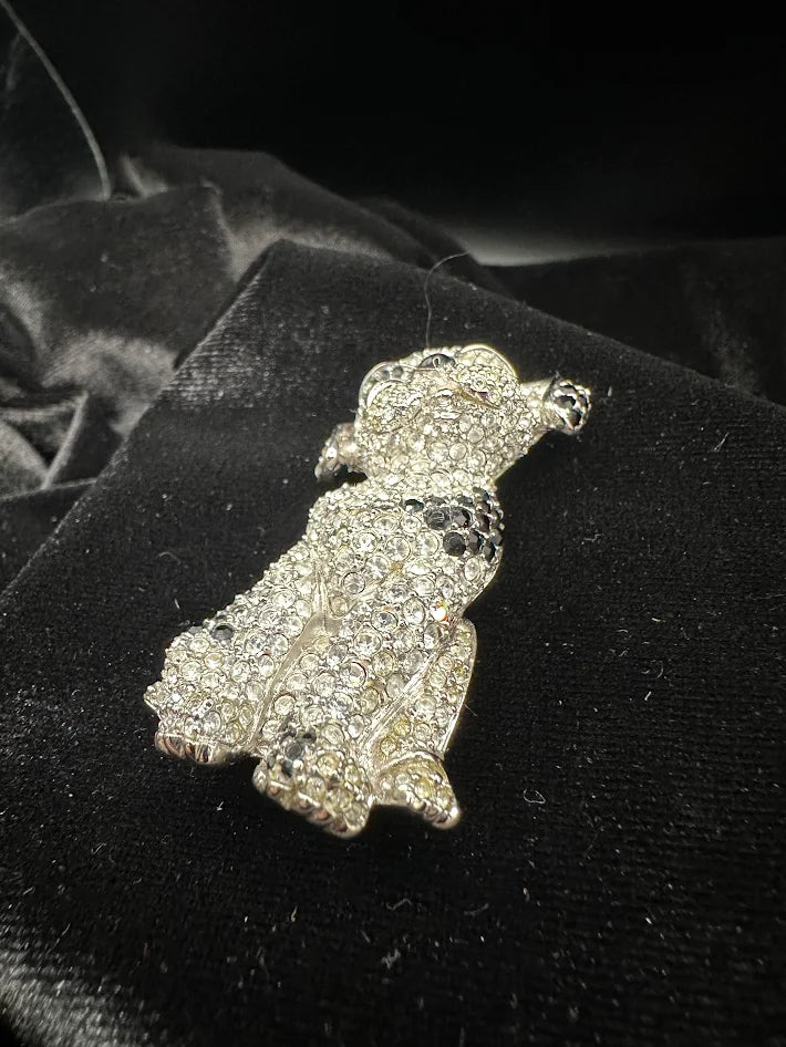 Swarovski silver tone dog brooch with clear and black crystals