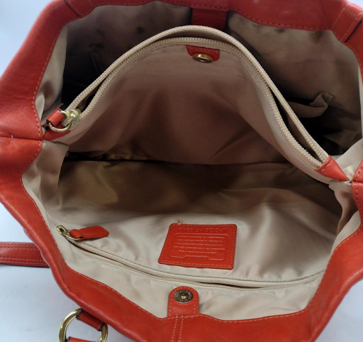 Coach Orange Leather Shoulder Bag, Soft Slouchy Tote with Gold Hardware