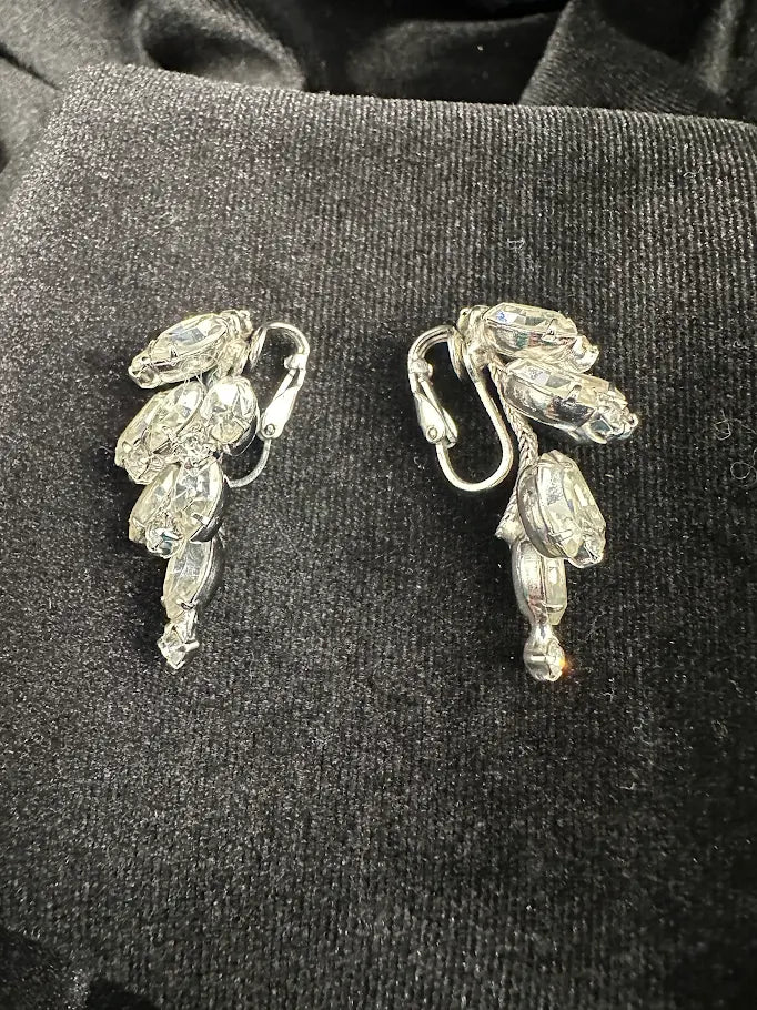 Carnegie Silver Tone Clear Rhinestone Clip Earrings with Cascading Marquis Crystal Design