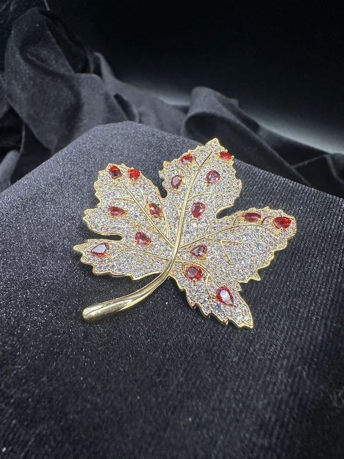 Gold Tone Rhinestone Maple Leaf Brooch with Red Orange Accents | Autumn Statement Pin
