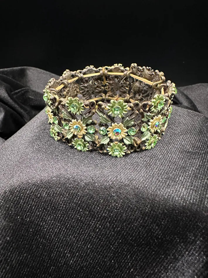 Vintage Floral Green Crystal Bracelet Antique Bronze Tone Wide Filigree Cuff Statement Garden Glam