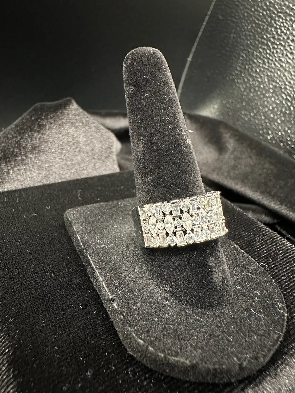 Silver Tone Clear Crystal Wide Band Ring Statement Multi Row Cocktail Design