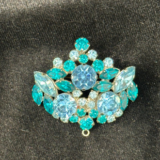 Austria Silver Tone Blue And Teal Rhinestone Brooch Pendant Drop Signed Mid Century Pin