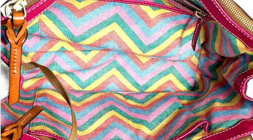 Dooney & Bourke White Pebbled Leather Tote – Tan Trim Shoulder Bag w/ Colorful Chevron Interior