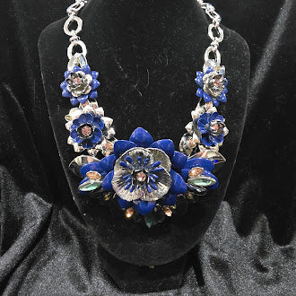 Vintage Style Silver Tone Blue Floral Statement Necklace with Layered Acrylic Petals and Rhinestone Centers, Adjustable Chain, Curated Estate Glam