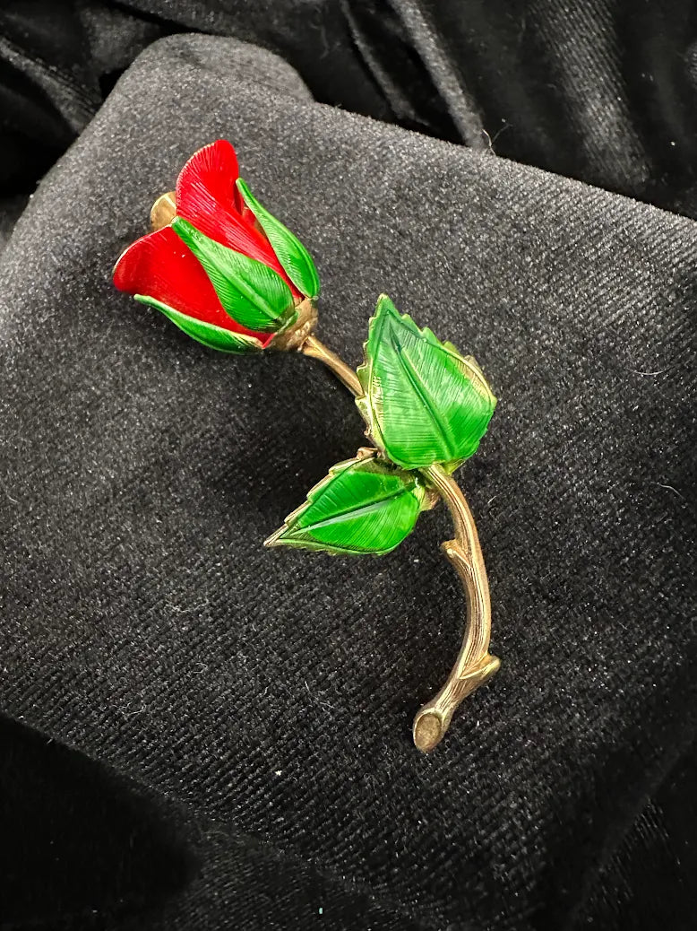 Red Enamel Rose Bud Brooch Gold Tone Stem Floral Pin