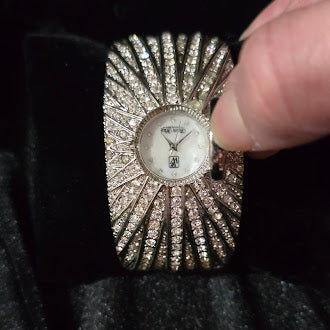 Vintage Victoria Wieck Silvertone Crystal Hidden Quartz Watch Cuff Bracelet with Pavé Sunburst Design, Glam Estate Statement Timepiece (NOT WORKING/PARTS OR REPAIR ONLY)