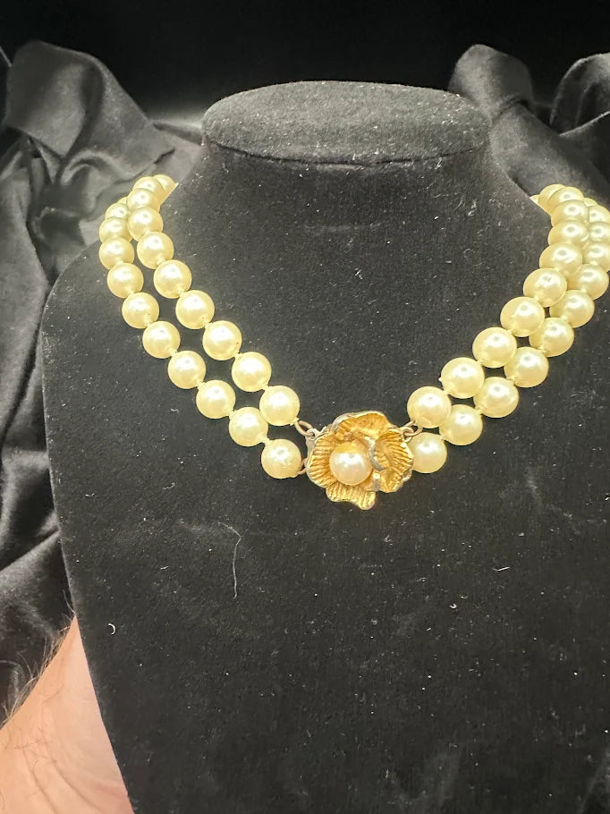 Vintage Triple Strand Pearl Style Necklace with Gold Floral Centerpiece