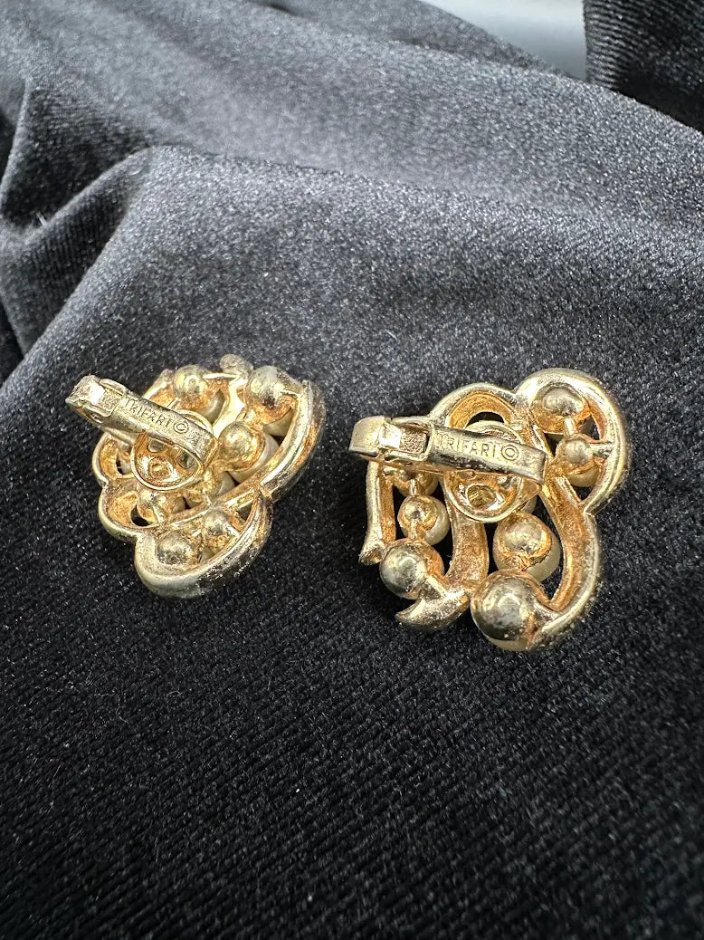 Vintage Trifari Gold Tone Faux Pearl Swirl Clip Earrings Elegant Designer Statement Jewelry