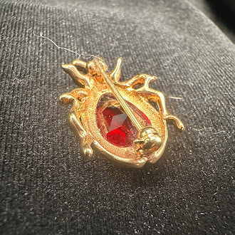 Gold Tone Red Crystal Beetle Brooch