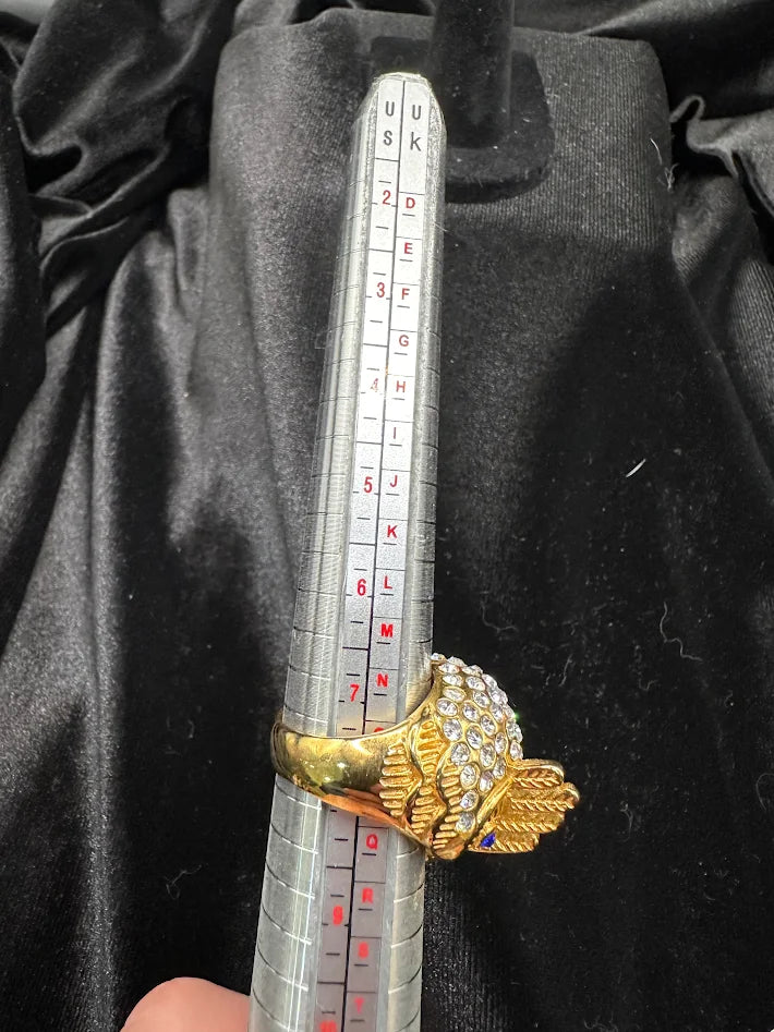 Gold Tone Owl Ring Blue Rhinestone Eyes Crystal Statement Ring Size 8 Vintage Animal Jewelry