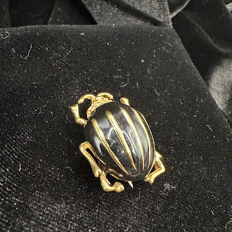 Vintage Gold Tone Black Enamel Beetle Brooch Scarab Style Statement Pin Figural Insect Jewelry Dimensional