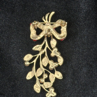 Christmas Mistletoe Brooch with Red Rhinestone Bow