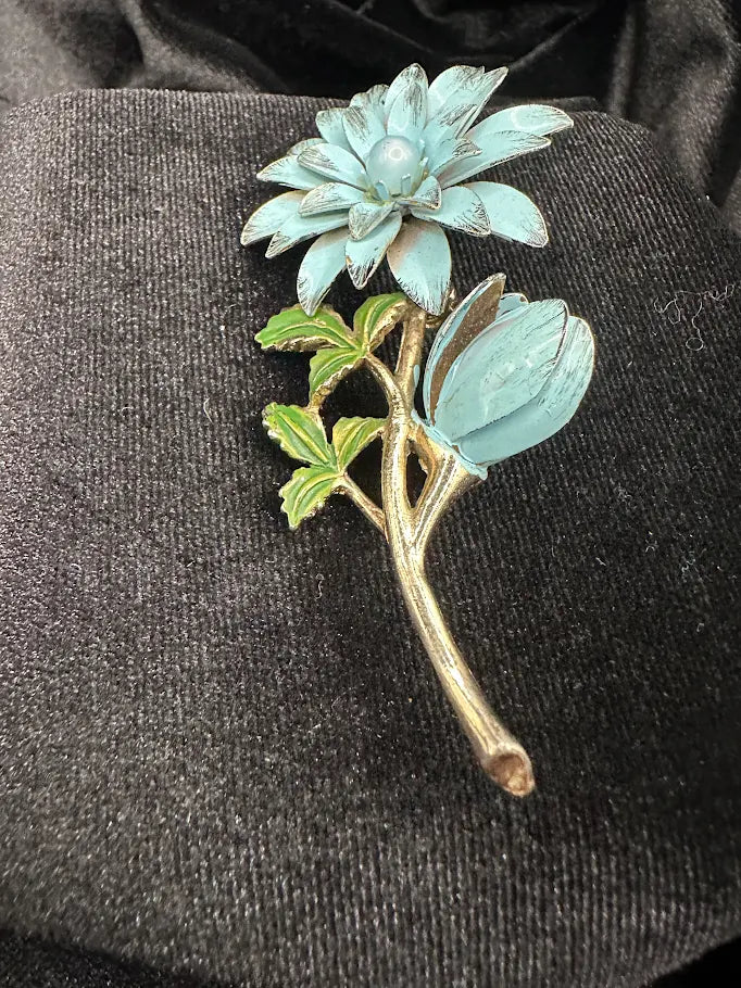 Gold Tone Blue Enamel Flower Brooch | Dimensional Floral Statement Pin