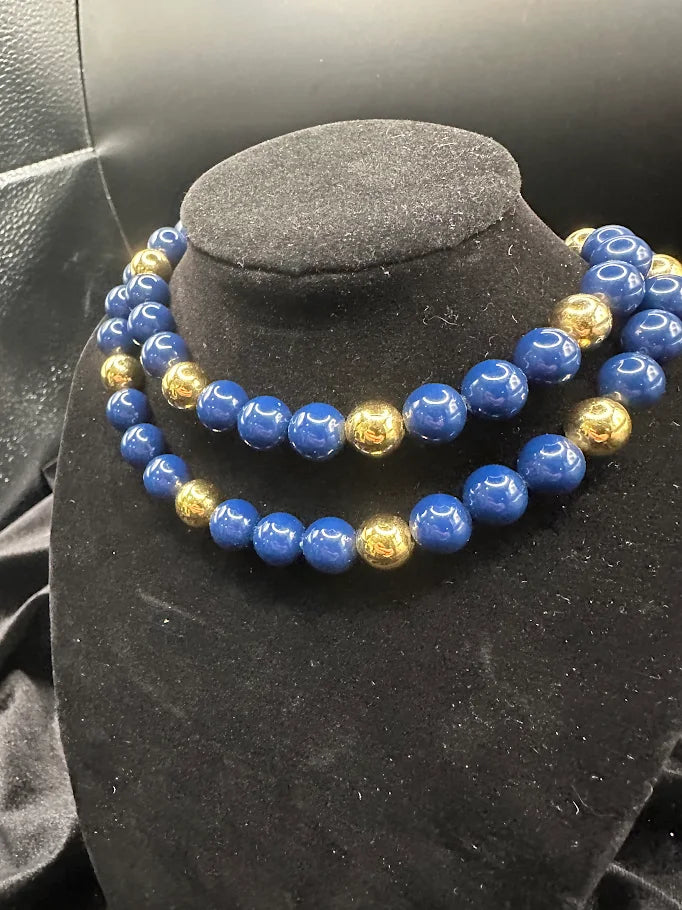 Lapis Blue and Gold Tone Bead Double Strand Necklace
