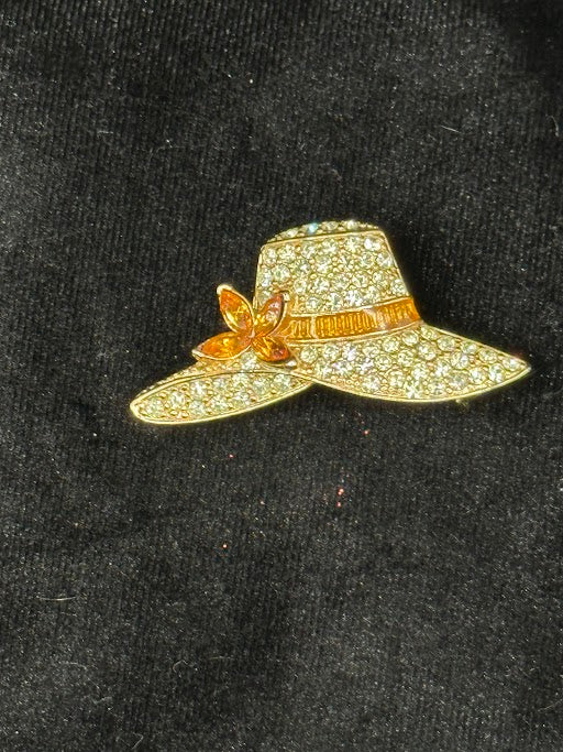 Monet Gold Tone Rhinestone Sun Hat Brooch Pave Crystal Pin Amber Accent Signed