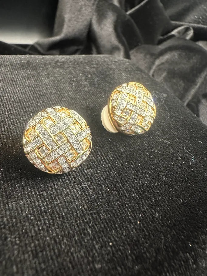 Swarovski Gold Tone Crystal Basketweave Clip Earrings | Signed Designer Statement Earrings