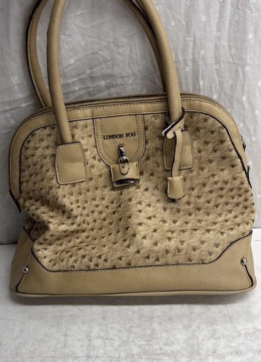 London Fog Taupe Ostrich Embossed Dome Satchel Top Handle Bag Zip Closure Neutral Purse
