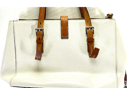 Dooney & Bourke White Pebbled Leather Tote – Tan Trim Shoulder Bag w/ Colorful Chevron Interior