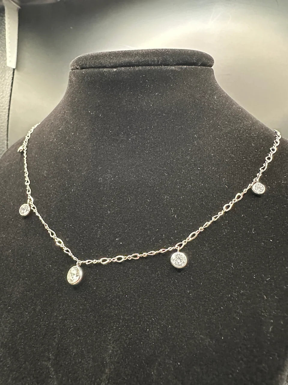 925 SAX Sterling Silver Bezel Set Station Necklace Clear Crystal Drop Design