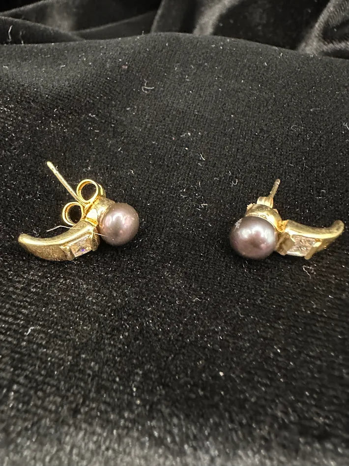 Gold Tone Black Pearl Wing Stud Earrings Pavé Crystal Accent Sculptural Statement Jewelry