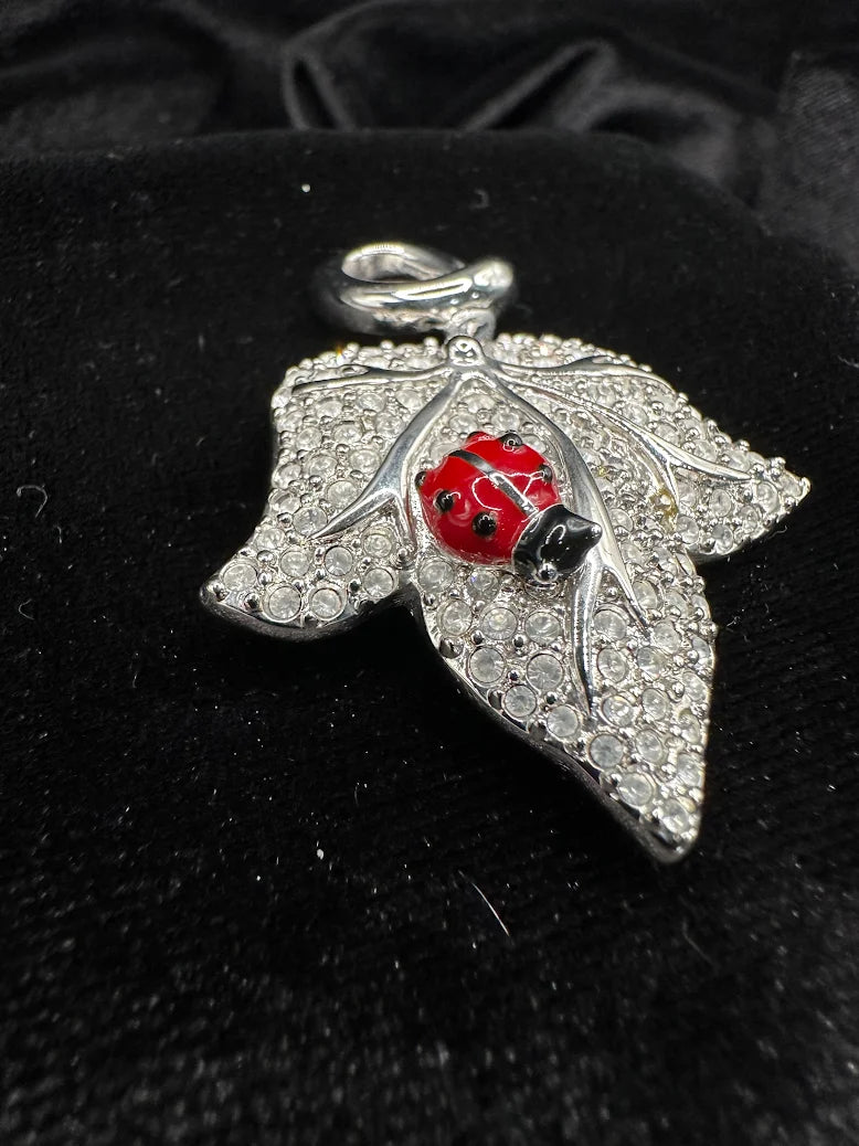Swarovski 925 Sterling Silver Crystal Leaf Pendant Necklace Ladybug Charm Pavé