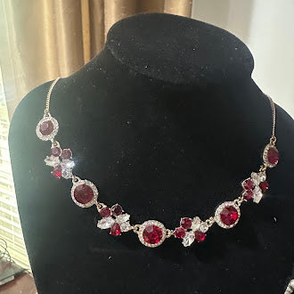 Givenchy Silver Tone Red Stone Statement Necklace with Clear Crystal Accents