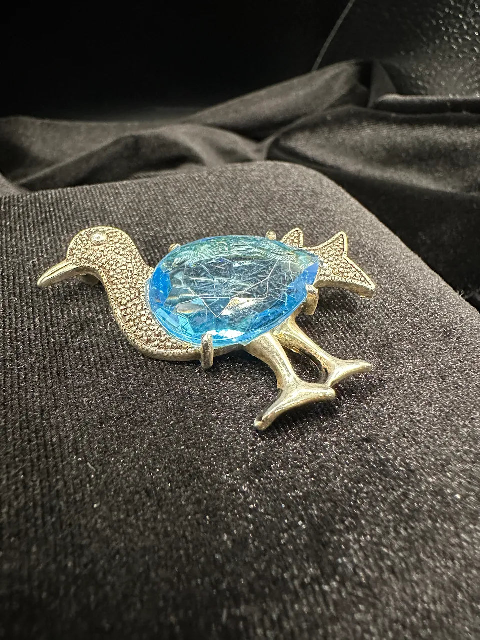 Silver Tone Blue Crystal Duck Brooch