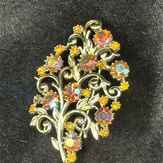 Gold Tone Aurora Borealis Rhinestone Floral Spray Brooch Filigree Scroll Pin Multicolor Crystals
