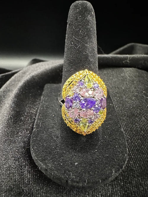 925 Sterling Silver Multi Color Gemstone Ring Size 7 Rhodium Gold Accent Statement Cocktail Ring